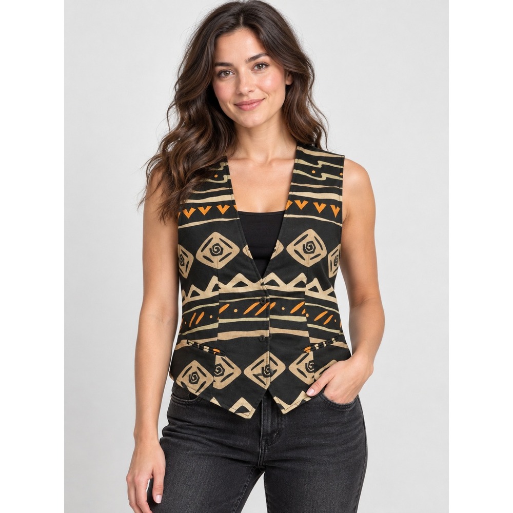 Rafaella Vest Womens Medium Black Geometric Linen Cotton Good Vintage Cinch Back